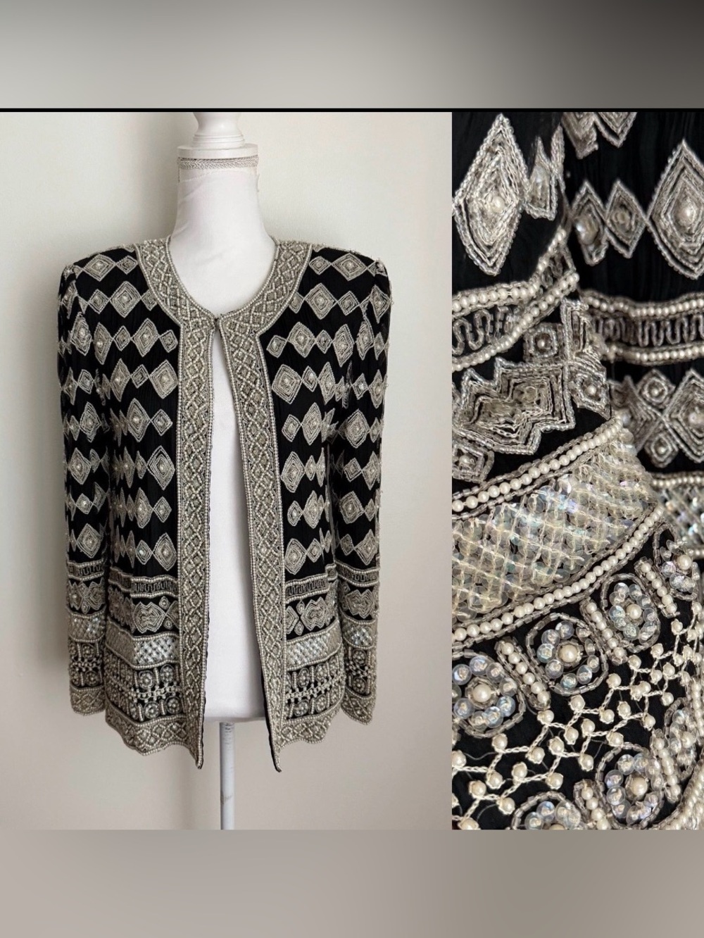 Fully heavily beaded vintage Adrianna Papell evening silk jacket black silver M